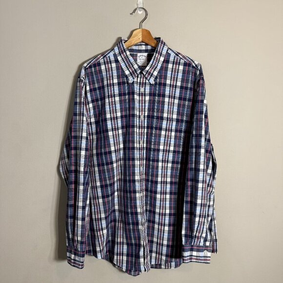Brooks Brothers Plaid Regent Button Down Shirt Men's XL Blue White Preppy Casual - Picture 2 of 13